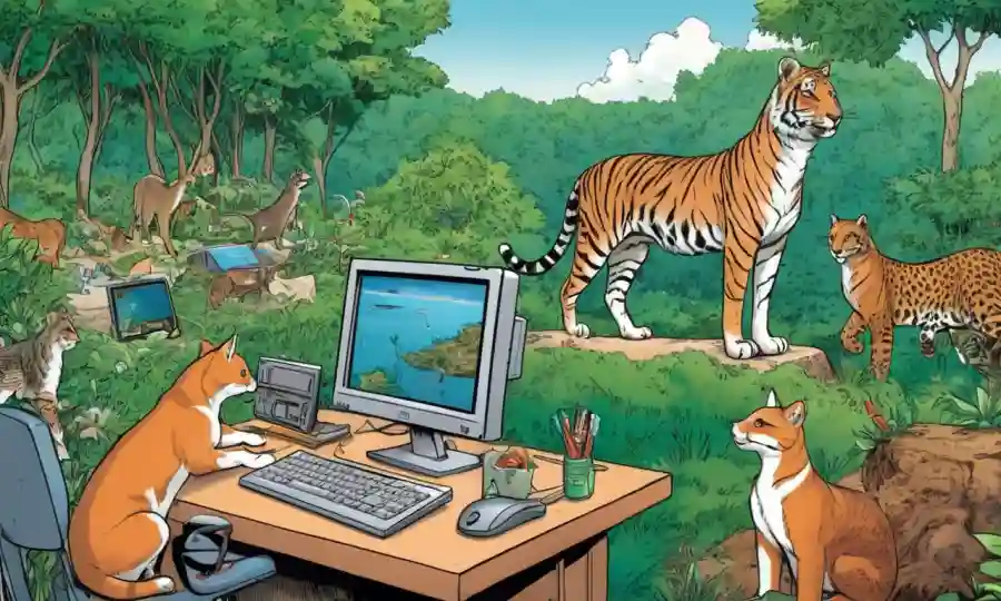 Escenas terrestres mostrando relaciones animales en medio de vegetación, con computadoras o libros cercanos.
