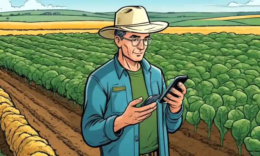 Farmer inspecting crops with smartphone displaying online resources on endophyte benefits and studies.