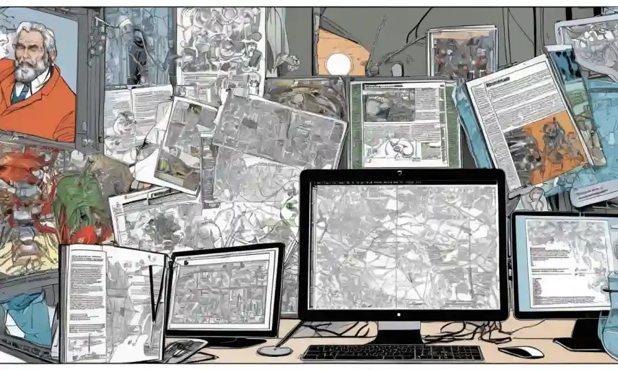 Ilustraciones científicas y diagramas rodeados de recursos digitales y artículos de revistas en computadoras.
