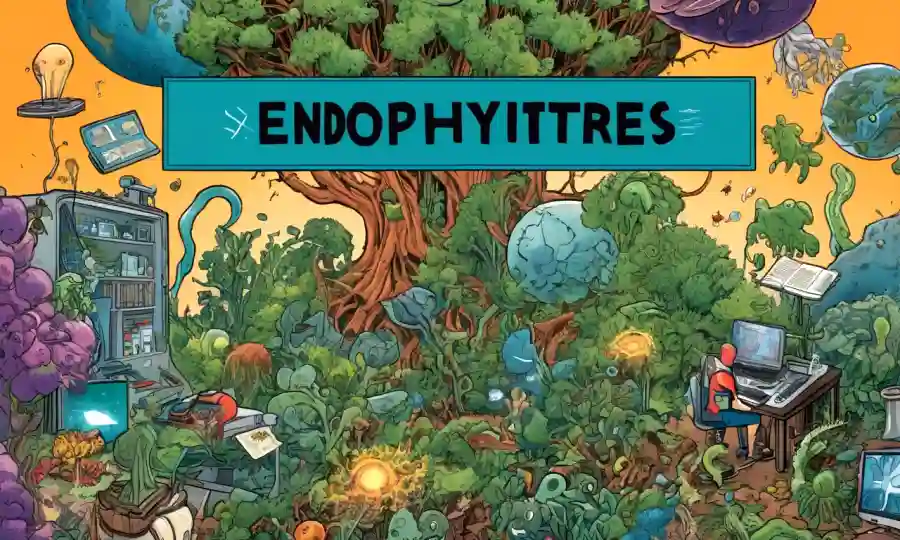 Varias plataformas de acceso abierto, recursos y artículos sobre endophytes, rodeados de iconos educativos.