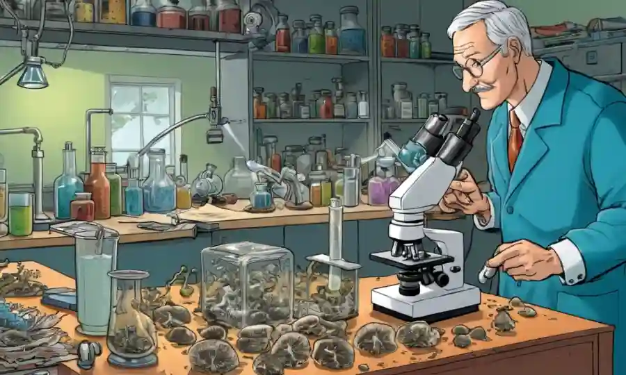 Escena de hongos y trabajo de laboratorio por un micólogo que sostiene un microscopio.