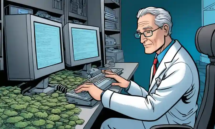 Un científico que utiliza una computadora para acceder a bases de datos en línea para la investigación de hongos.