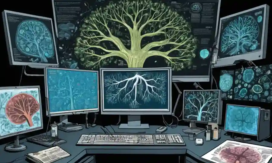 Ilustración detallada del diagrama de árboles hongos en el monitor de ordenador rodeado de diversos microscopios.