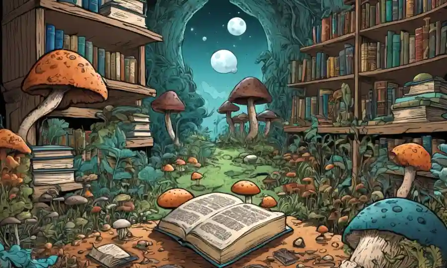 Una escena de biblioteca digital con recursos en línea y libros sobre micología (filogenía pulmonar).
