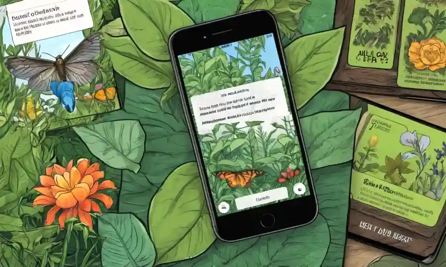 Una pantalla de teléfono inteligente que muestra una aplicación de identificación de especies entre ilustraciones de la naturaleza y textos de botánica.