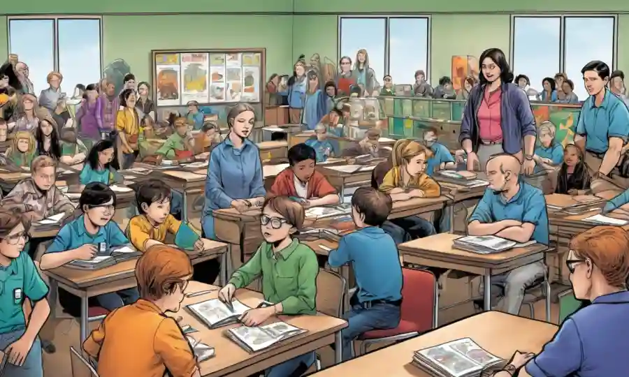 Profesores rodeados de recursos educativos, estudiantes que participan en actividades temáticas de simbiosis.