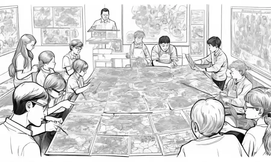 Los estudiantes que participan en actividades prácticas relacionadas con conceptos de simbiosis, rodeados de diagramas e ilustraciones.