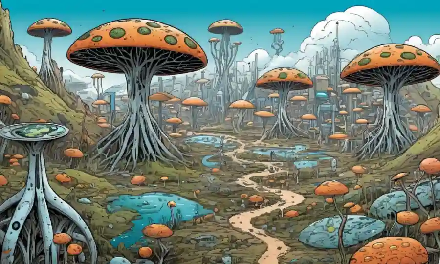 Vista microscopio de redes fúngicas en medio de un paisaje futurista con símbolos de reciclaje de la Tierra.