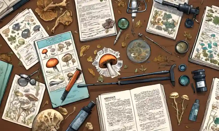 Especímenes y documentos de hongos se distribuyen sobre una mesa