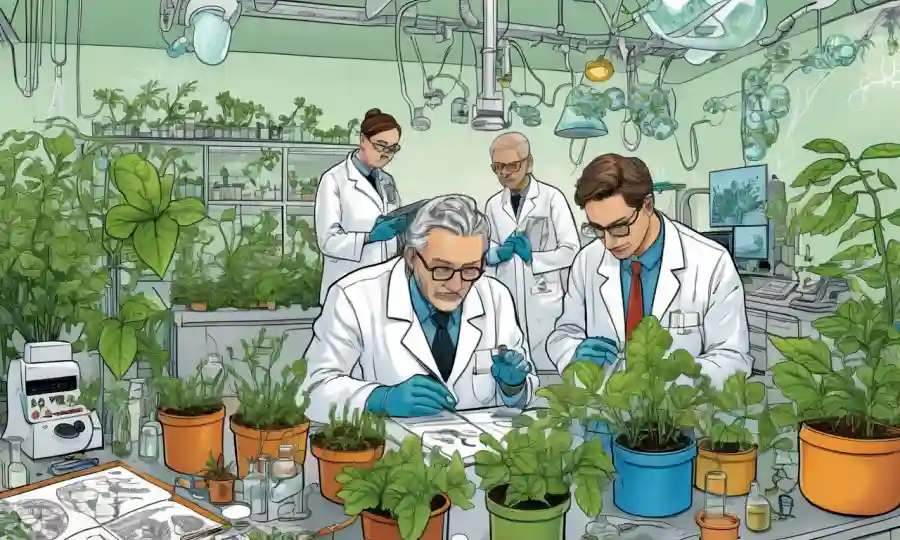 Científicos en un laboratorio rodeados de plantas y microorganismos, con gráficos y diagramas que ilustran los beneficios de las redes de apoyo en el control biológico.