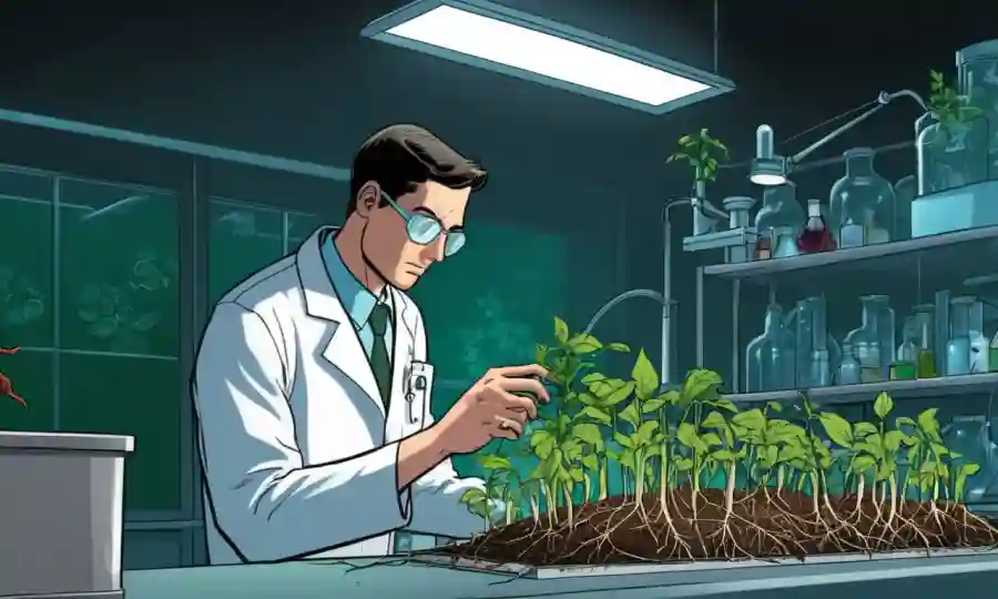 Persona que examina las raíces vegetales en un laboratorio con tecnología agrícola y plantas verdes.