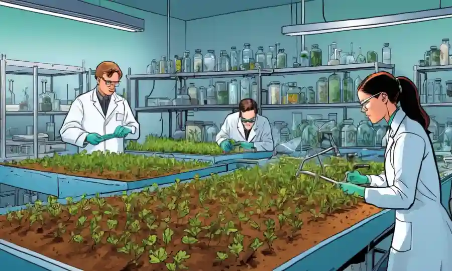 Científicos que estudian soluciones basadas en hongos para la agricultura sostenible en un entorno de laboratorio.