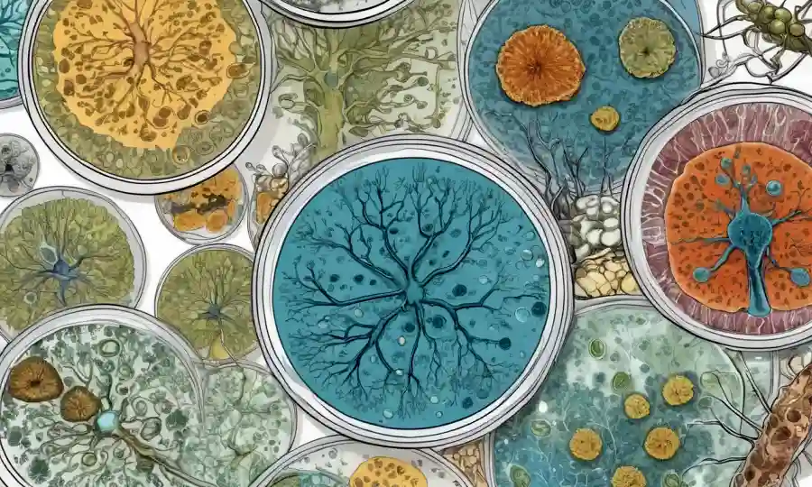 Diagramas científicos e imágenes de microscopio rodeado de crecimiento fúngico en los platos Petri.
