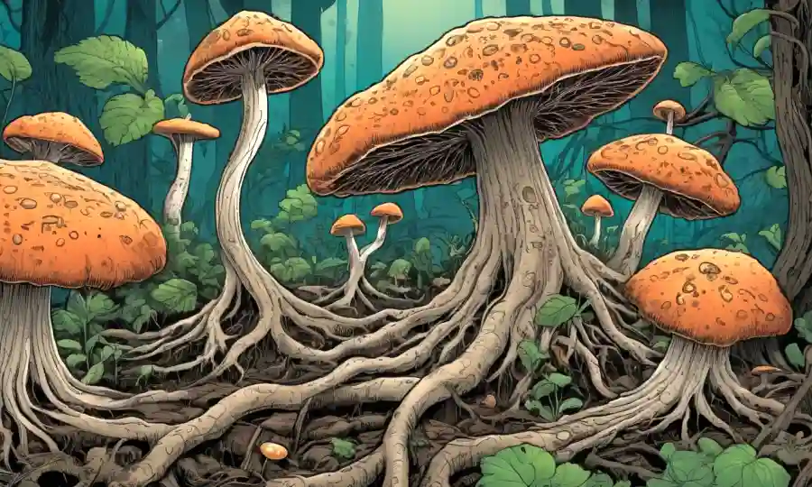 Ilustraciones de redes de hongos que conectan las raíces vegetales con nutrientes.
