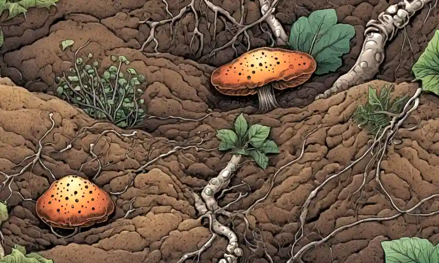 Una ilustración de hongos microscópicos formando redes en el suelo, con materia orgánica y plantas cercanas.