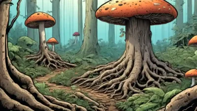 Ilustración que representa hongos que conectan raíces de árboles en un ecosistema forestal.