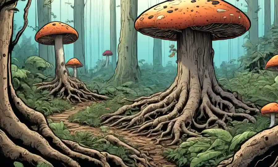 Ilustración que representa hongos que conectan raíces de árboles en un ecosistema forestal.