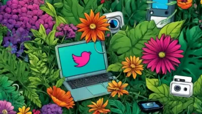 Vibrant flores e iconos de redes sociales entrelazados en medio de una vegetación exuberante.