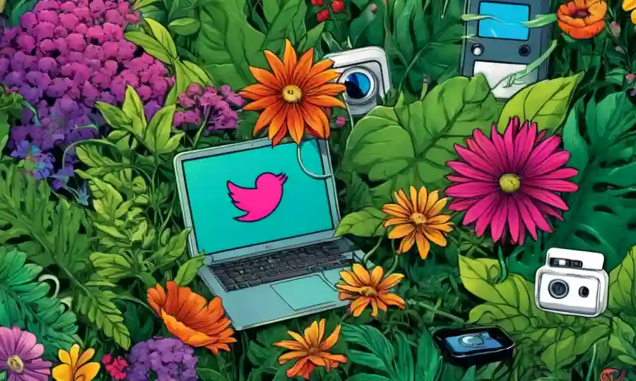Vibrant flores e iconos de redes sociales entrelazados en medio de una vegetación exuberante.
