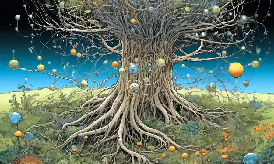 Redes interconectadas de redes sociales y hongos micorrizales que ilustran sorprendentes conexiones de ecosistemas.