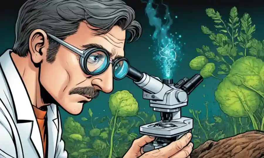 Un científico observando la simbiosis en la naturaleza a través de la lente microscópica.