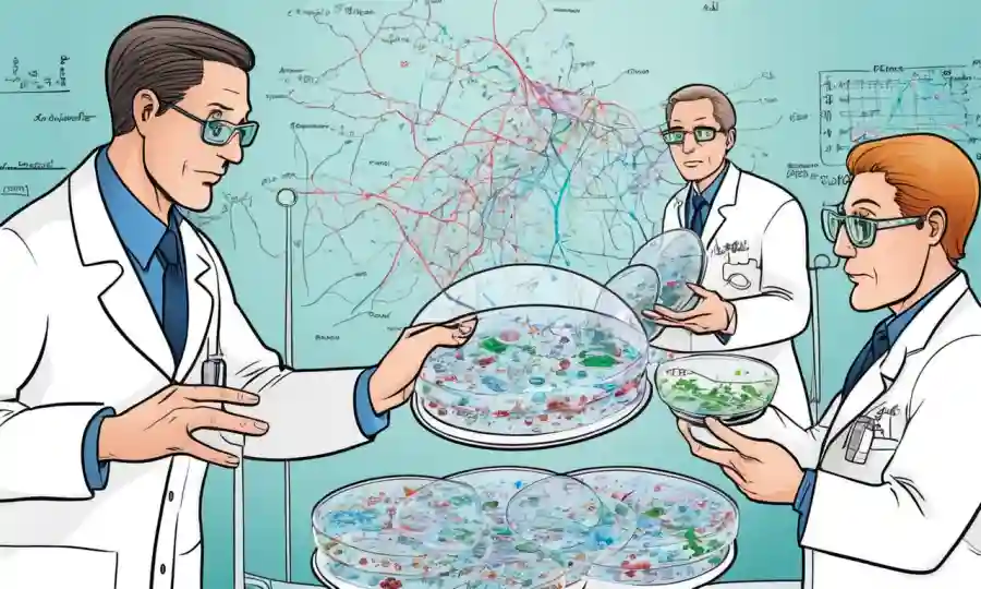 Científicos observando microorganismos en platos petri con gráficos. (Nota: Esta es una respuesta centrada en la traducción ya que la descripción está en español)