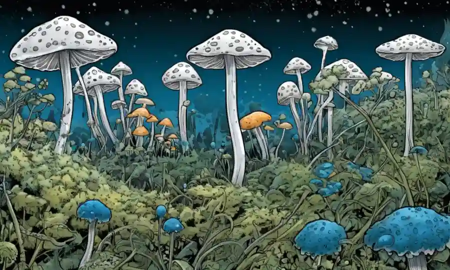 Hipocrea hongos creciendo en un fondo con estructuras moleculares e indicadores ambientales.