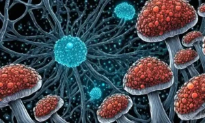 Células o estructuras de setas rodeadas de modelos moleculares y vías bioquímicas.