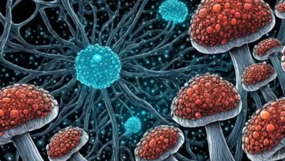Células o estructuras de setas rodeadas de modelos moleculares y vías bioquímicas.