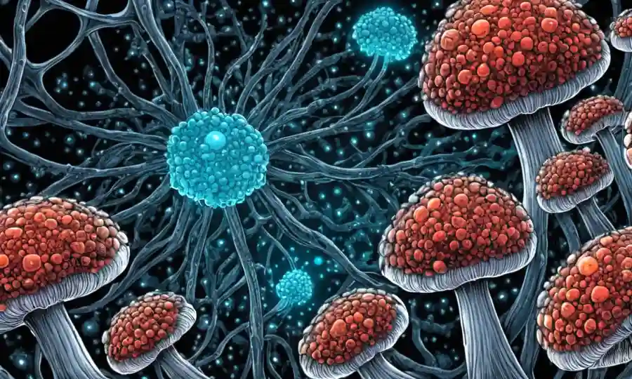 Células o estructuras de setas rodeadas de modelos moleculares y vías bioquímicas.