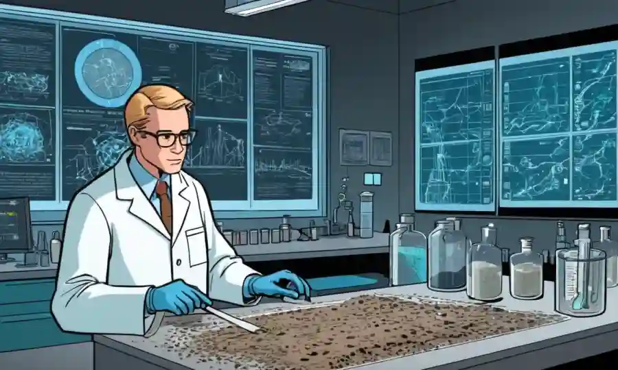 Científico examinando muestras de suelo en un laboratorio con gráficos y diagramas futuristas.