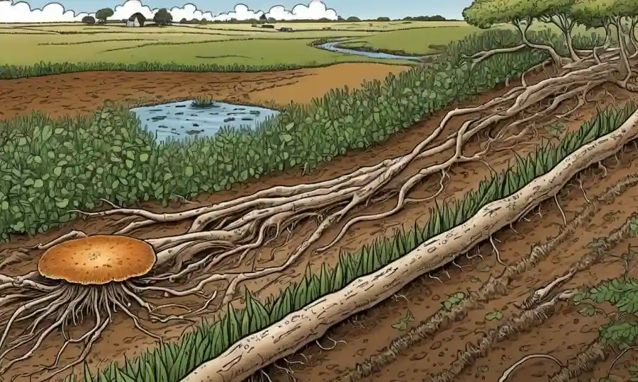 Ilustraciones científicas y diagramas que muestran sistemas de raíz de hongos en entornos agrícolas.