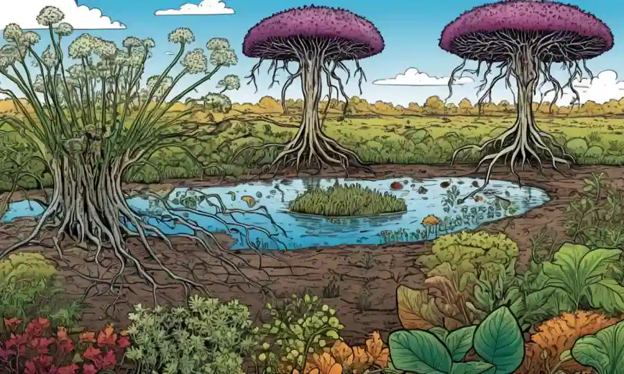 Ilustraciones de diversas simbiosis planta-microrizal en un entorno natural.