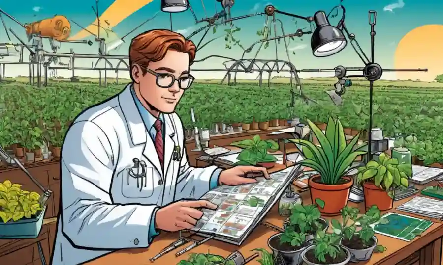 Científicos que estudian plantas rodeadas de gráficos