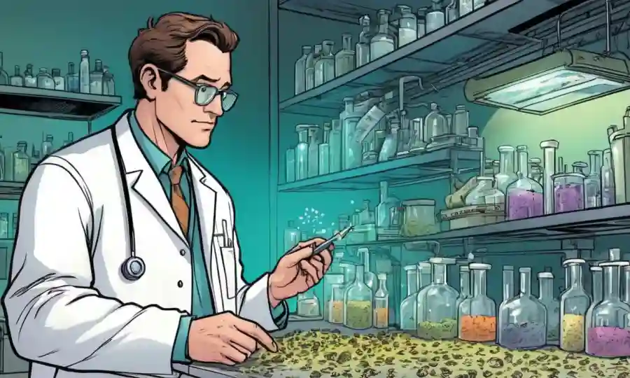 Científico en la capa de laboratorio estudiando muestras de biomasa fúngica.