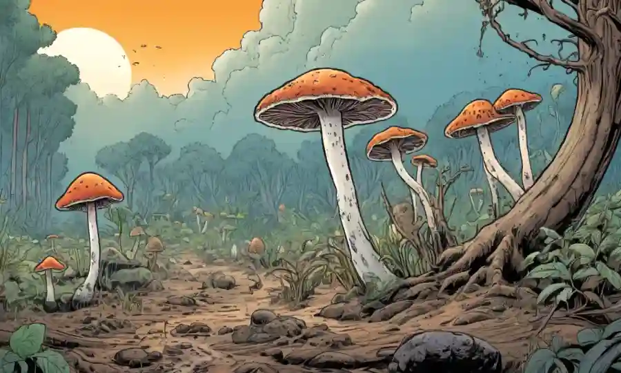 Fungi brotando en ecosistemas degradados con profesionales observando.