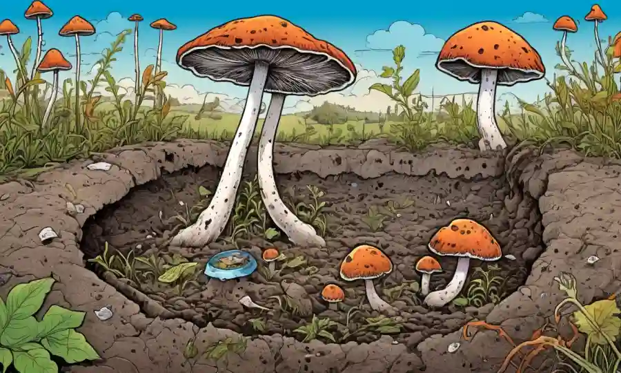 Fungi creciendo en suelo degradado con basura y malas hierbas, simbolizando la rehabilitación.