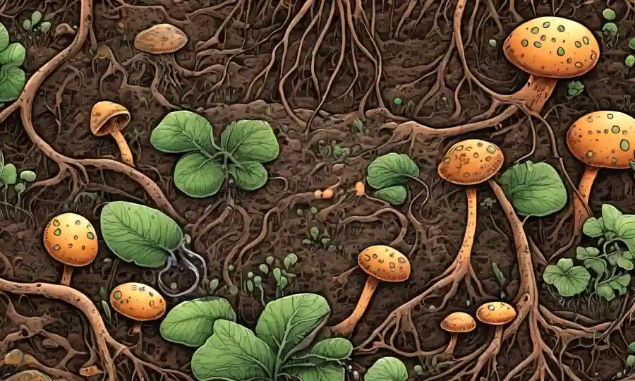 Una red de hongos y bacterias que interactúan en el suelo con raíces de plantas.