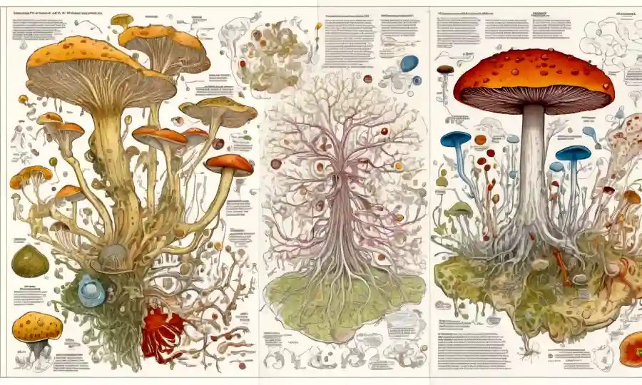 Una imagen de pantalla dividida que compara hongos y bacterias con diagramas interconectados revelando sus complejas relaciones.