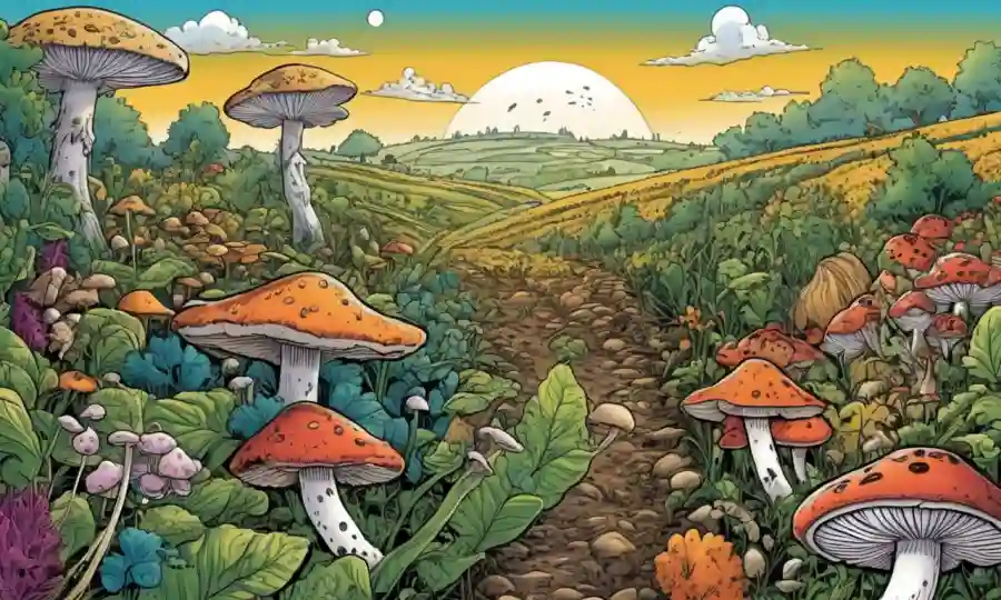 Las ilustraciones de diversos hongos coexisten con cultivos en un vibrante paisaje agrícola.