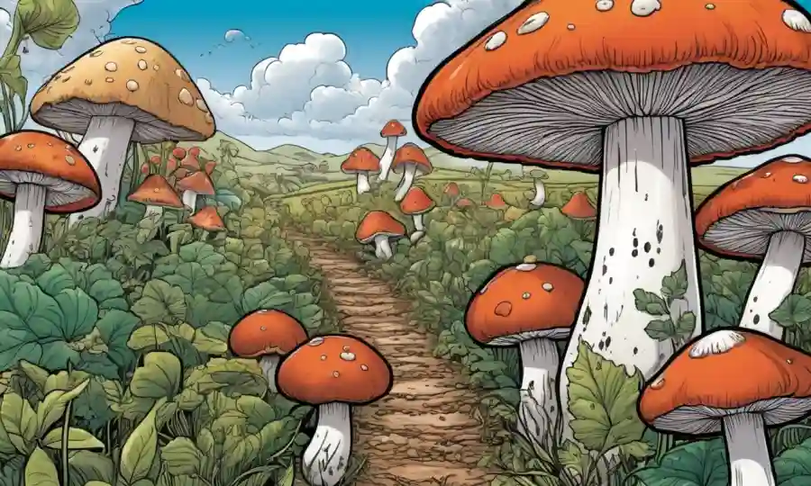Un paisaje agrícola regenerativo con hongos creciendo en medio de cultivos.
