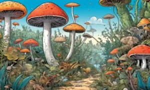 Crecimiento microscópico de hongos rodeados de diversas plantas y vida animal en un entorno ecológico.