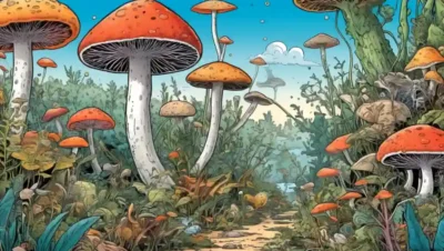 Crecimiento microscópico de hongos rodeados de diversas plantas y vida animal en un entorno ecológico.