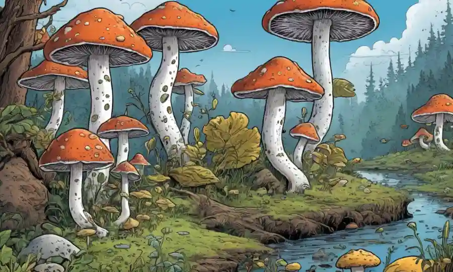 Ilustraciones de hongos interactuando con animales en diversos ambientes.