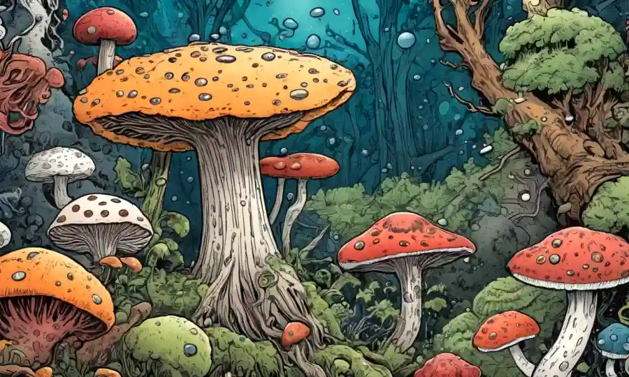 Una ilustración que muestra relaciones entre hongos, bacterias y otros organismos.
