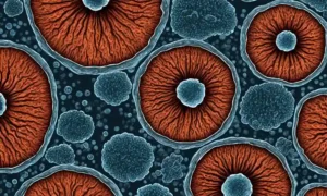 Imagen microscópica de células fúngicas con factores ambientales circundantes.