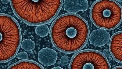 Imagen microscópica de células fúngicas con factores ambientales circundantes.