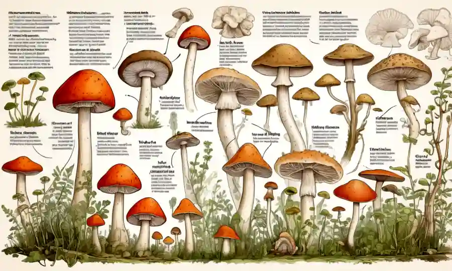 Ilustración de hongos en varias etapas de crecimiento, rodeado de diagramas y texto destacando su anatomía y adaptaciones ecológicas.