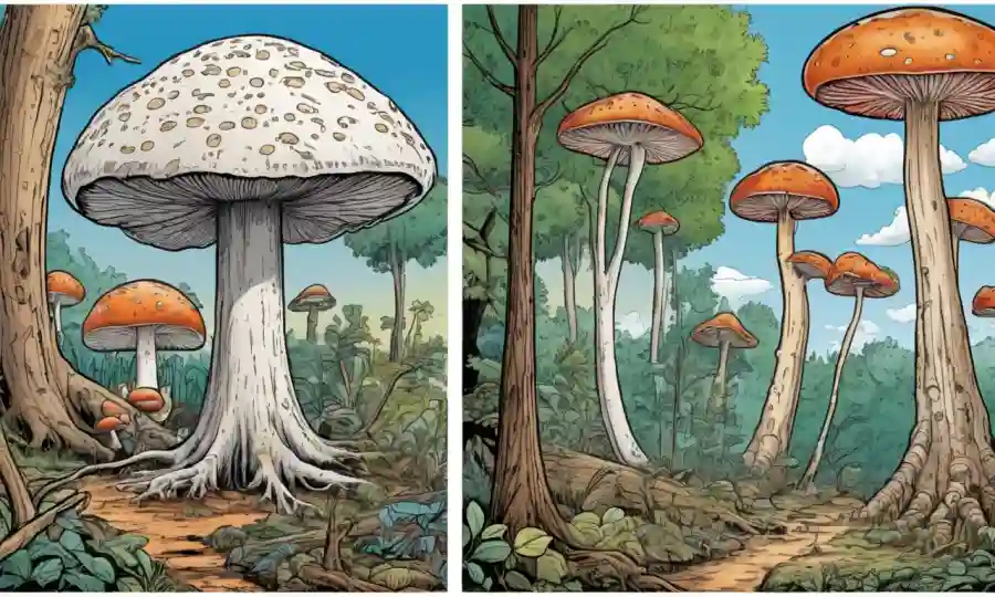 Ilustraciones que comparan morfología de hongos con roles de ecosistema en troncos de árboles infectados por hongos.