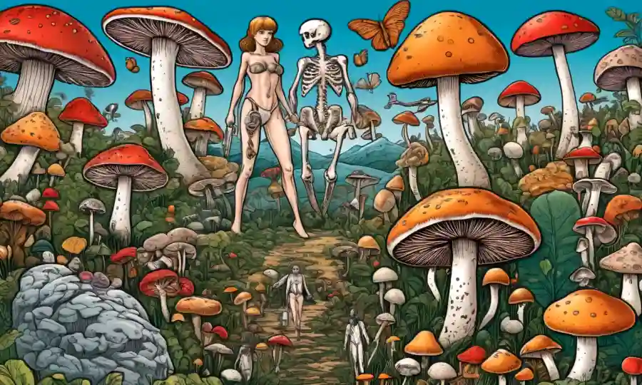 Ilustración de varios hongos rodeados de cuerpos humanos e iconos médicos.